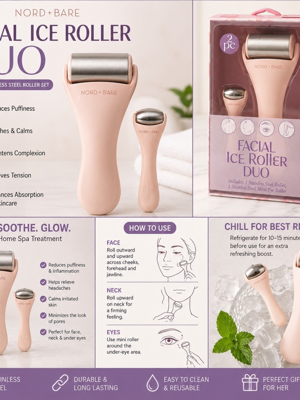 Nord + Bare Facial Ice Roller Duo in Soft Pink